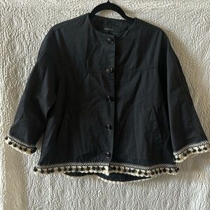 Zara Basics Embroidered Fringe Pom Pom Tassel Button-Up Jacket